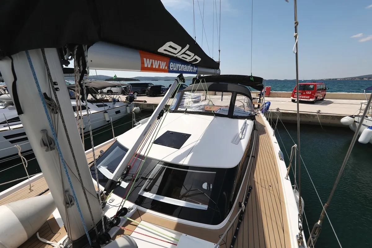 Deck of Revolution, a Elan GT6 sailboat at Grad Biograd na Moru, Croatia
