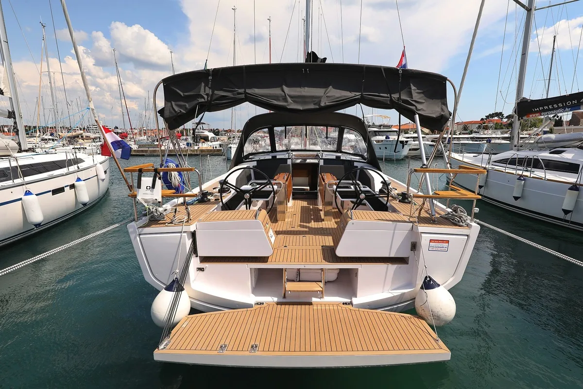 Deck of Revolution, a Elan GT6 sailboat at Grad Biograd na Moru, Croatia