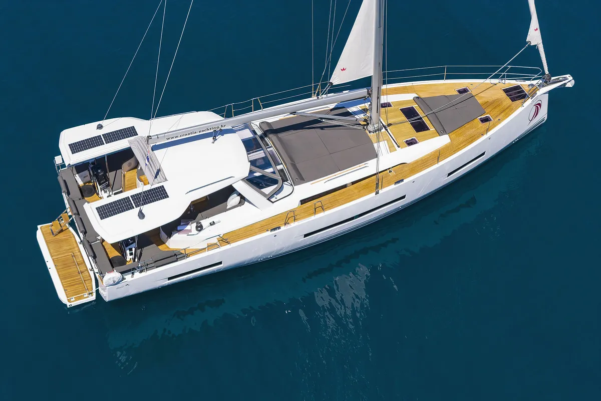 Exterior view of Volare, a Hanse 590 sailboat at Grad Kaštela, Croatia