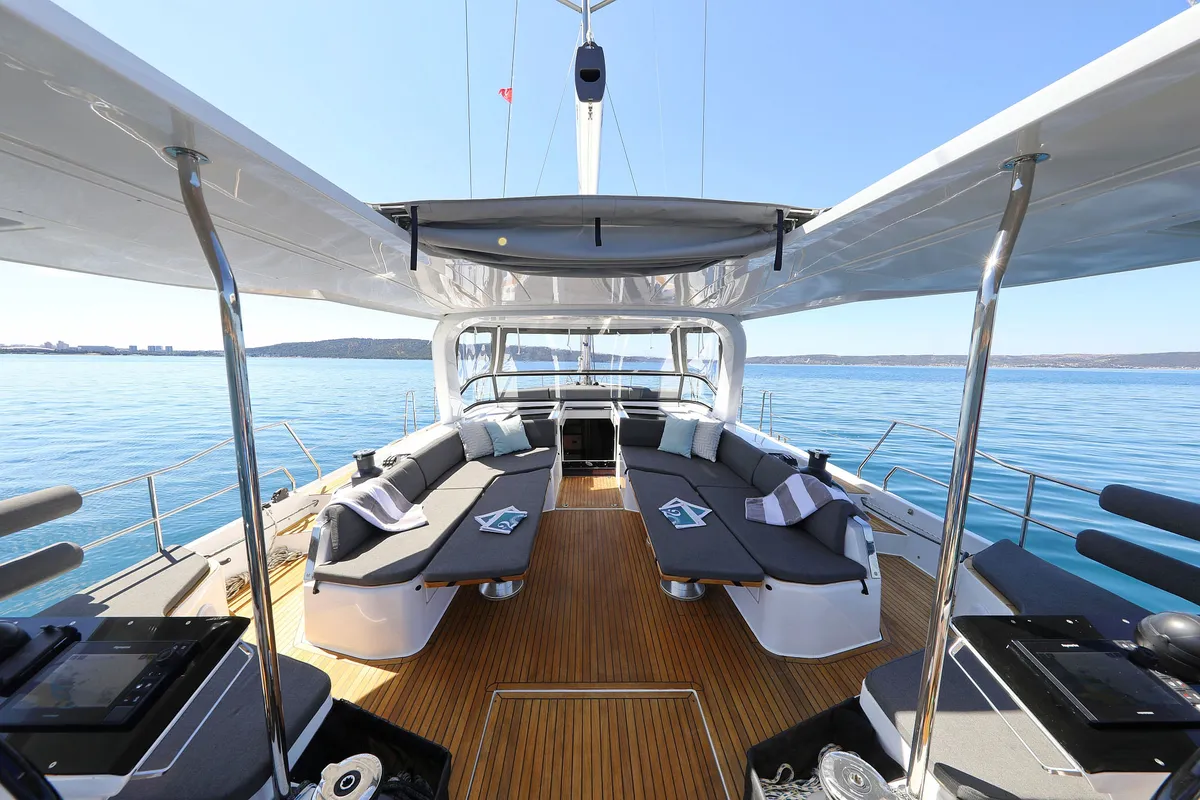Deck of Volare, a Hanse 590 sailboat at Grad Kaštela, Croatia