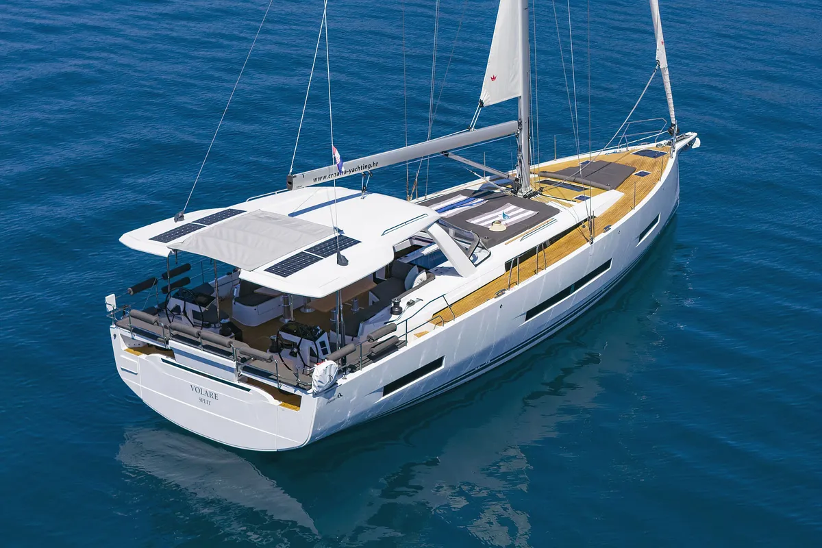 Exterior view of Volare, a Hanse 590 sailboat at Grad Kaštela, Croatia