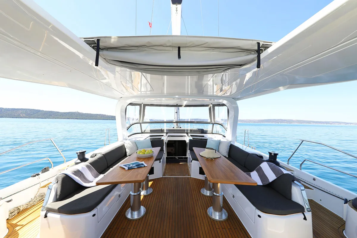 Deck of Volare, a Hanse 590 sailboat at Grad Kaštela, Croatia