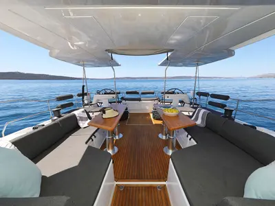 Cockpit of Volare, a Hanse 590 sailboat at Grad Kaštela, Croatia