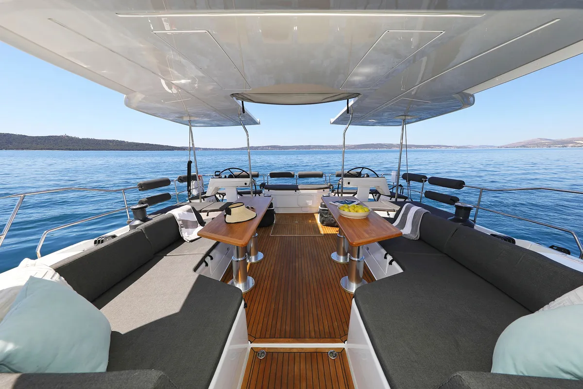 Cockpit of Volare, a Hanse 590 sailboat at Grad Kaštela, Croatia