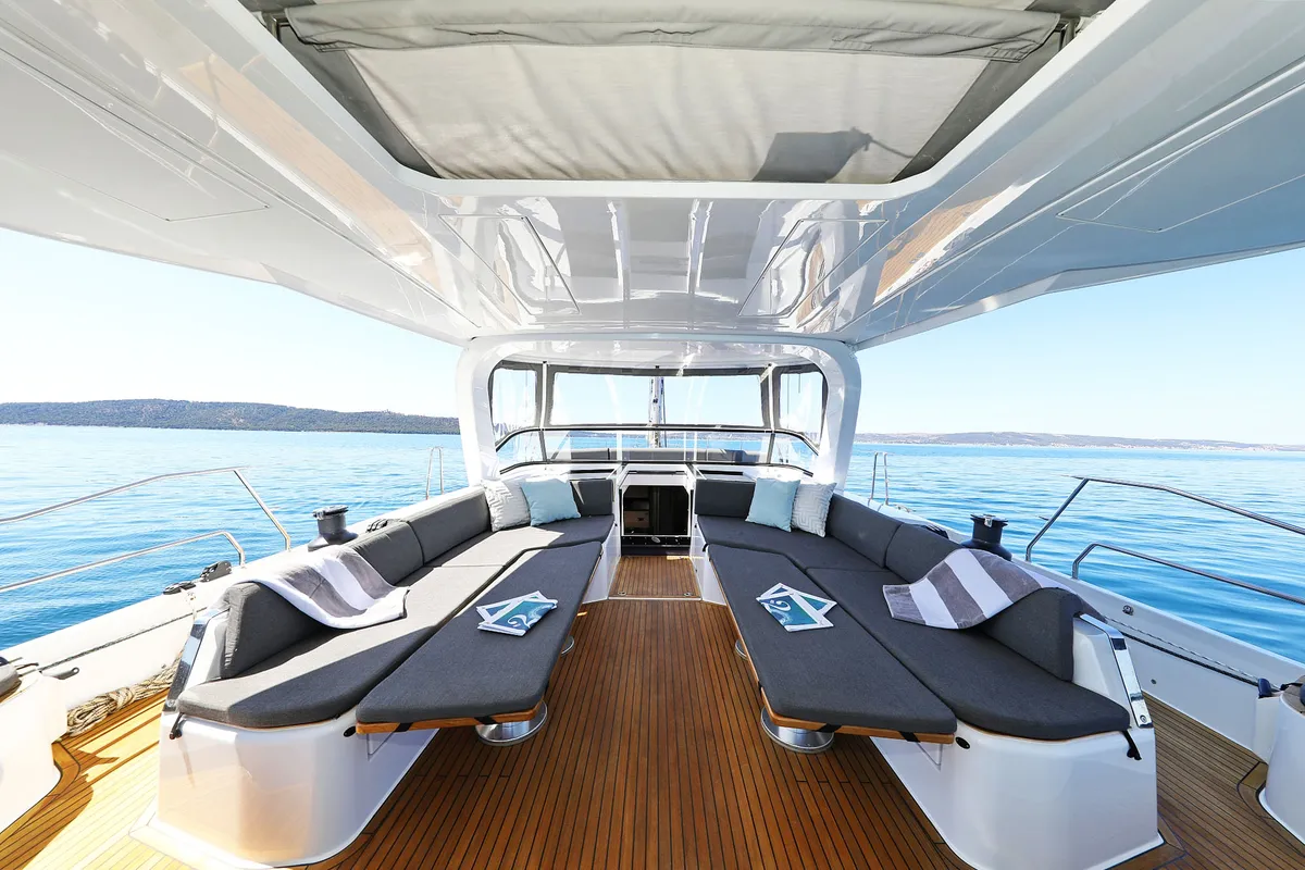 Deck of Volare, a Hanse 590 sailboat at Grad Kaštela, Croatia