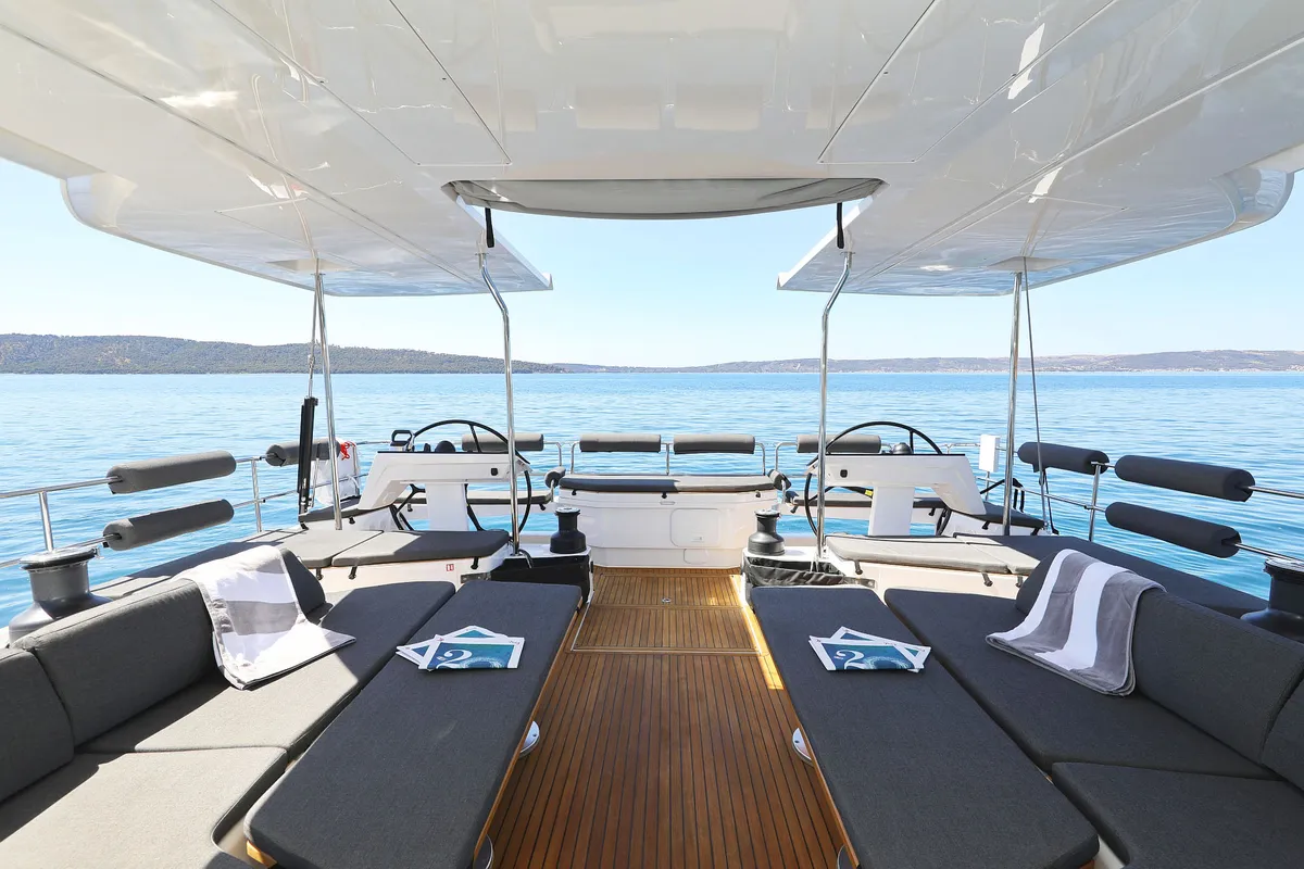 Cockpit of Volare, a Hanse 590 sailboat at Grad Kaštela, Croatia
