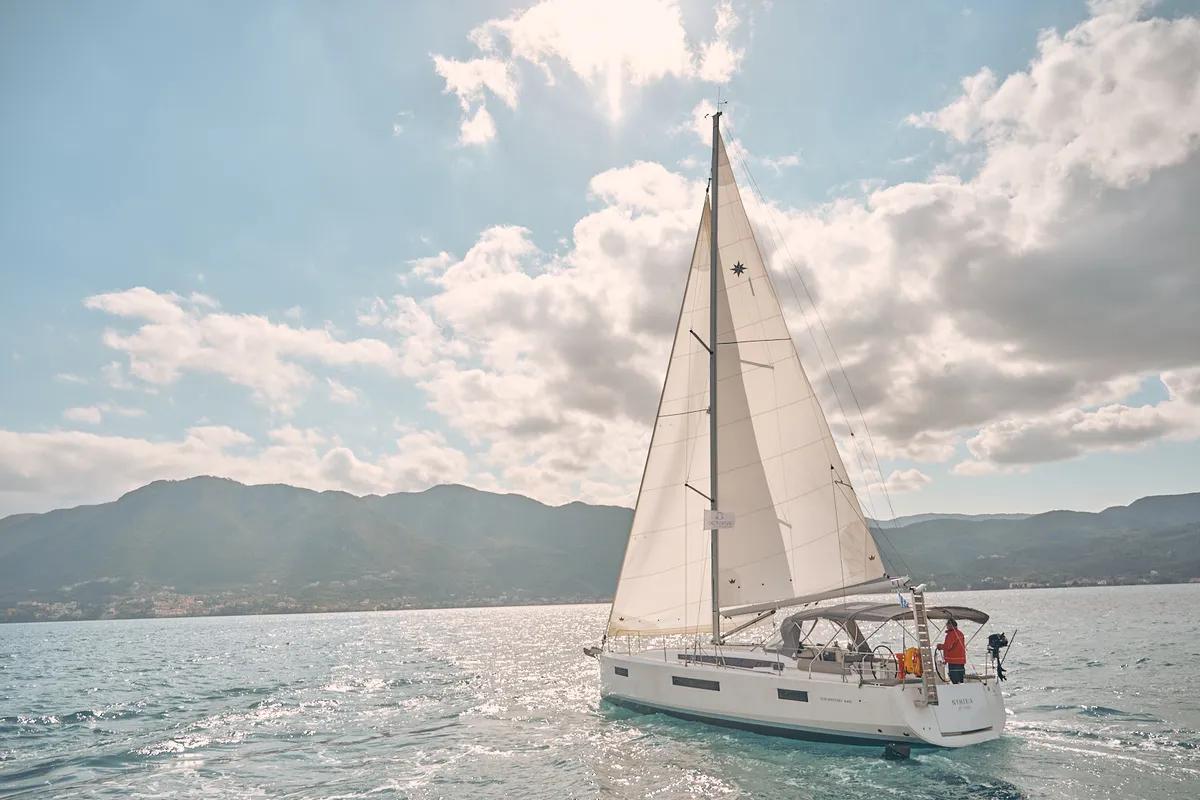 Exterior view of Nymeria, a Jeanneau Sun Odyssey 440 sailboat at Athens, Greece