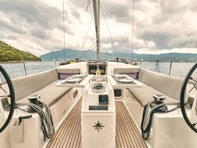 Cockpit of Nymeria, a Jeanneau Sun Odyssey 440 sailboat at Athens, Greece
