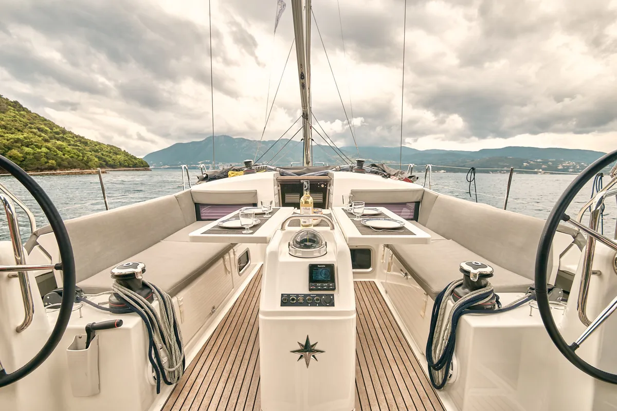 Cockpit of Nymeria, a Jeanneau Sun Odyssey 440 sailboat at Athens, Greece
