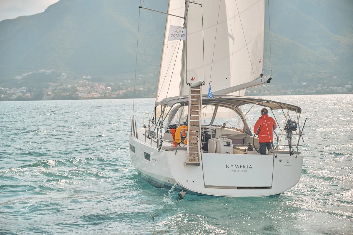 Exterior view of Nymeria, a Jeanneau Sun Odyssey 440 sailboat at Athens, Greece