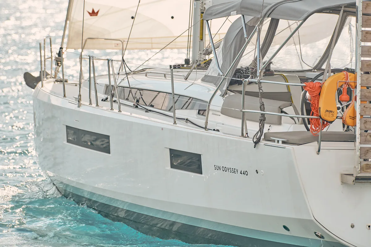 Exterior view of Nymeria, a Jeanneau Sun Odyssey 440 sailboat at Athens, Greece