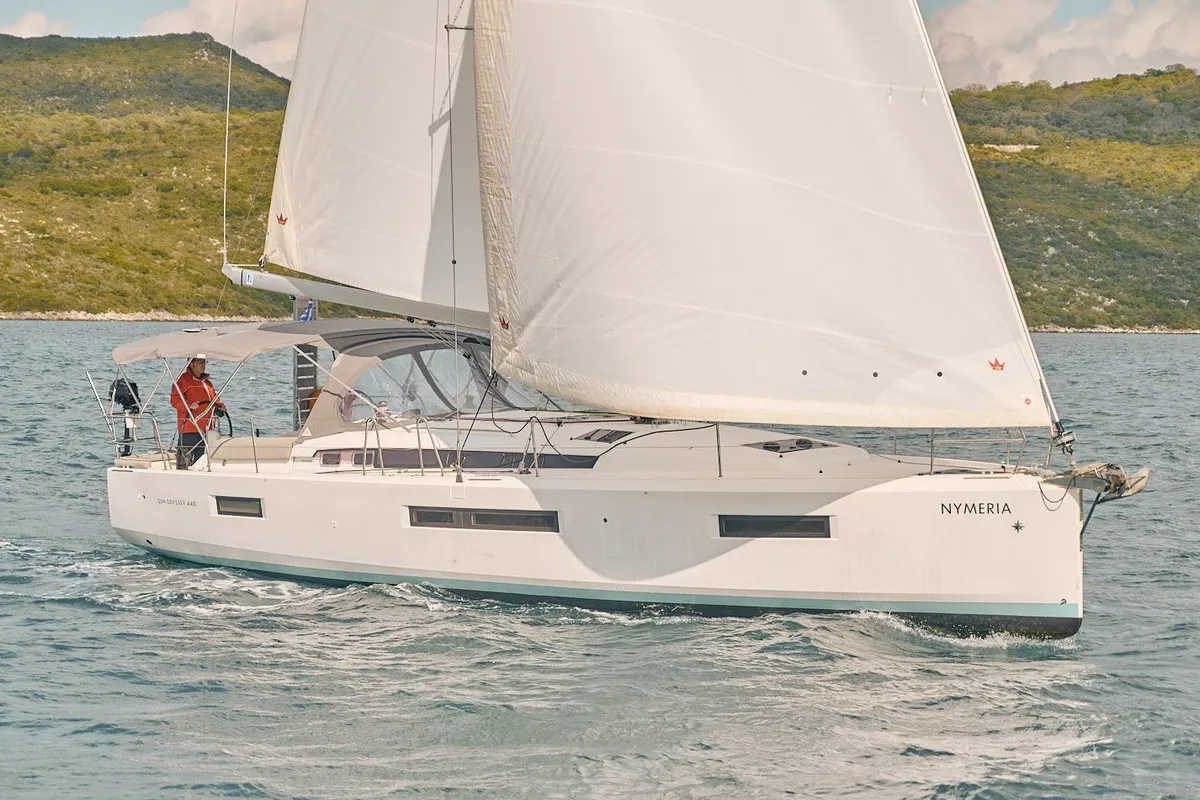 Exterior view of Nymeria, a Jeanneau Sun Odyssey 440 sailboat at Athens, Greece