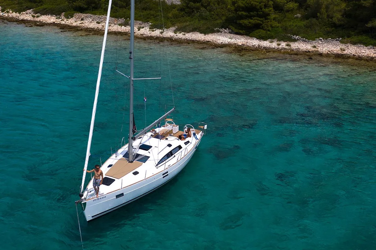 Exterior view of Simply The Best, a Elan Impression 45.1 sailboat at Punat, Croatia