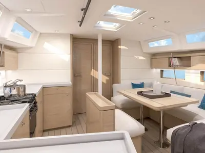 Salon of Moorings 464PC Exclusive Plus, a Leopard 46PC catamaran at Fethiye, Turkey