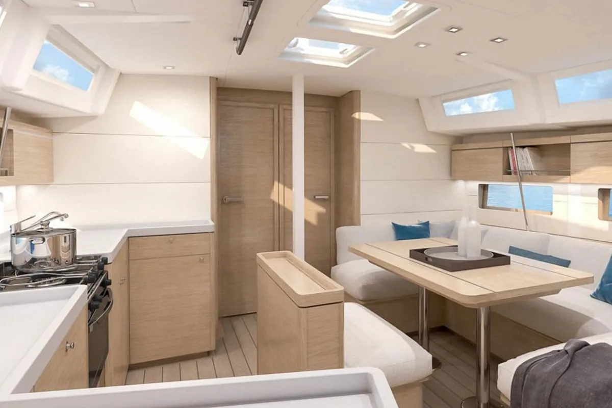 Salon of Moorings 464PC Exclusive Plus, a Leopard 46PC catamaran at Fethiye, Turkey