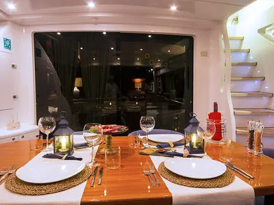 Salon of Maiora 24, a motor yacht at Bodrum, Turkey