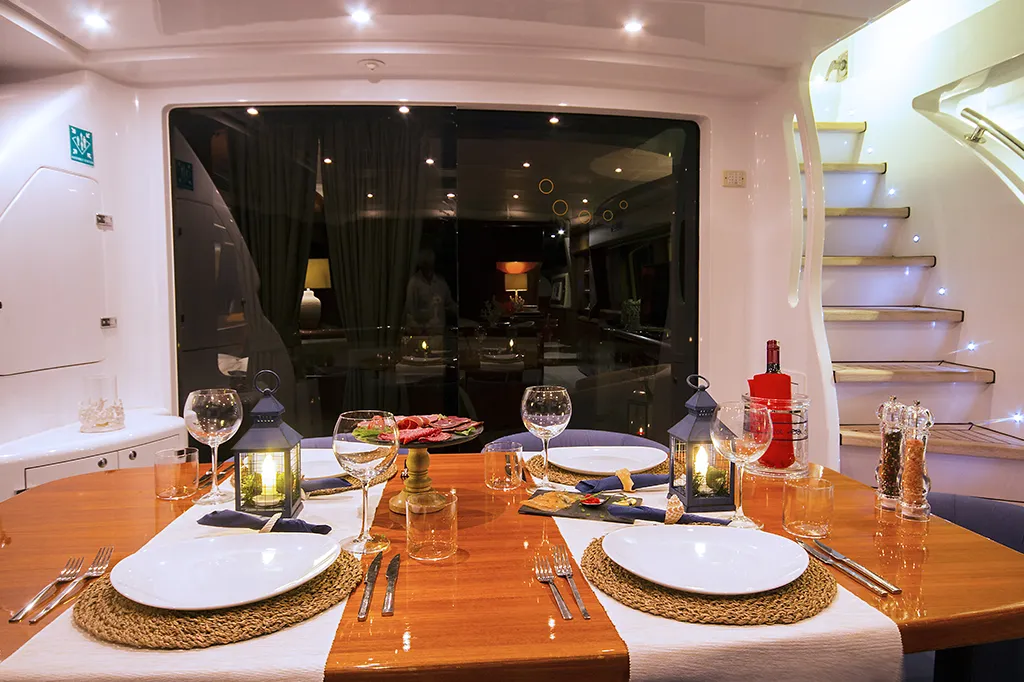 Salon of Maiora 24, a motor yacht at Bodrum, Turkey
