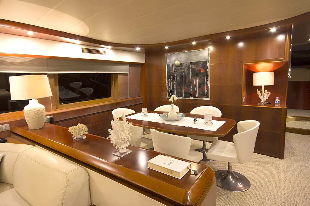 Salon of Maiora 24, a motor yacht at Bodrum, Turkey