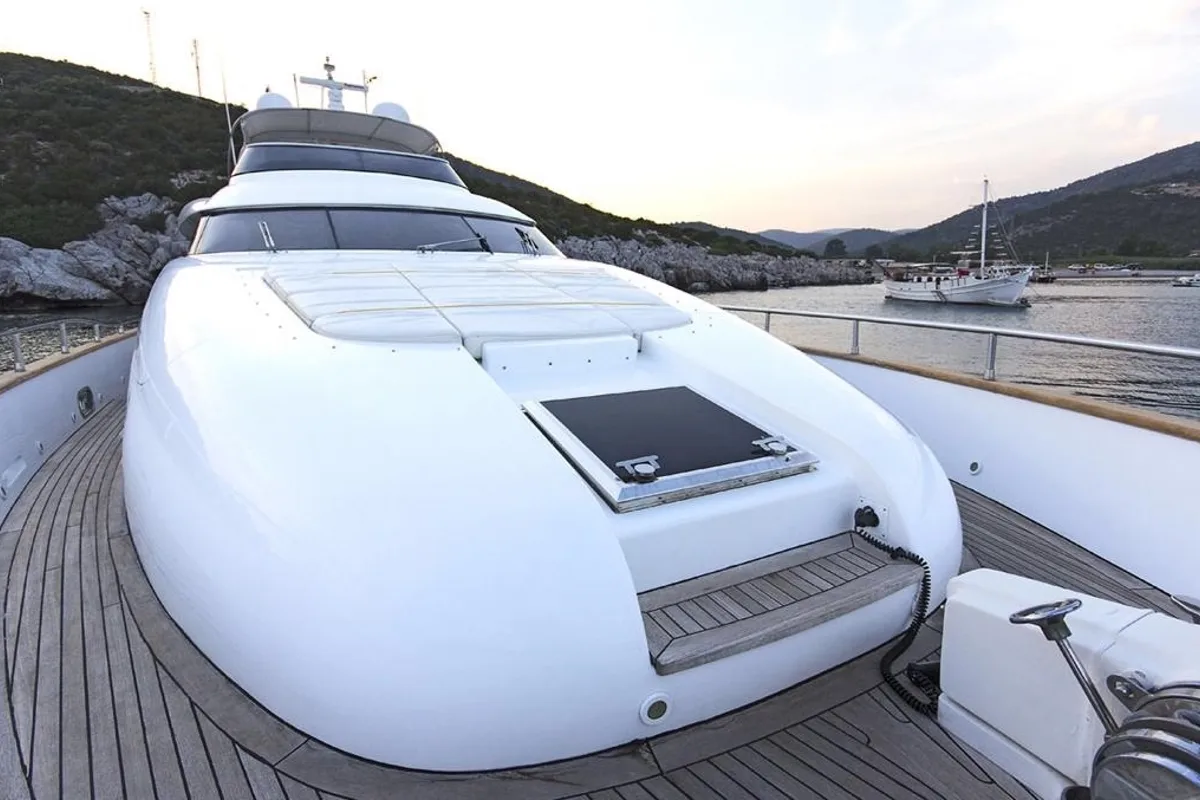 Deck of Maiora 24, a motor yacht at Bodrum, Turkey