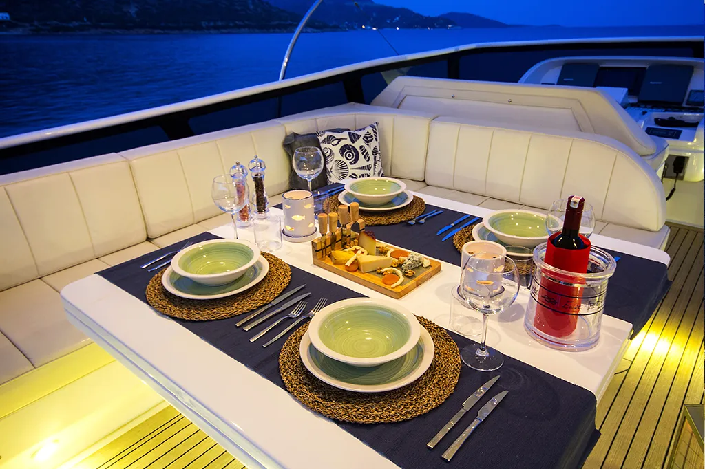 Deck of Maiora 24, a motor yacht at Bodrum, Turkey