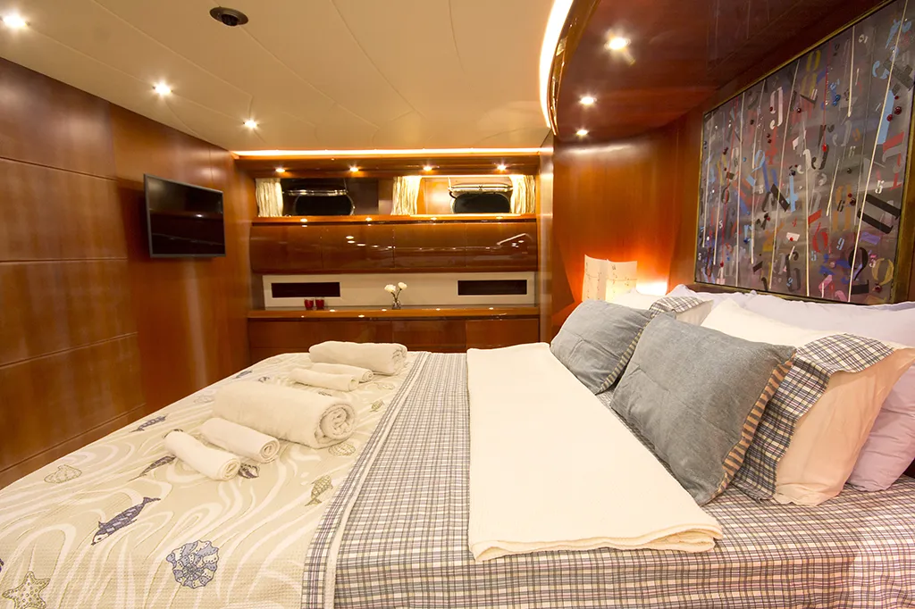 Cabin on Maiora 24, a motor yacht at Bodrum, Turkey