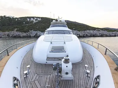 Deck of Maiora 24, a motor yacht at Bodrum, Turkey