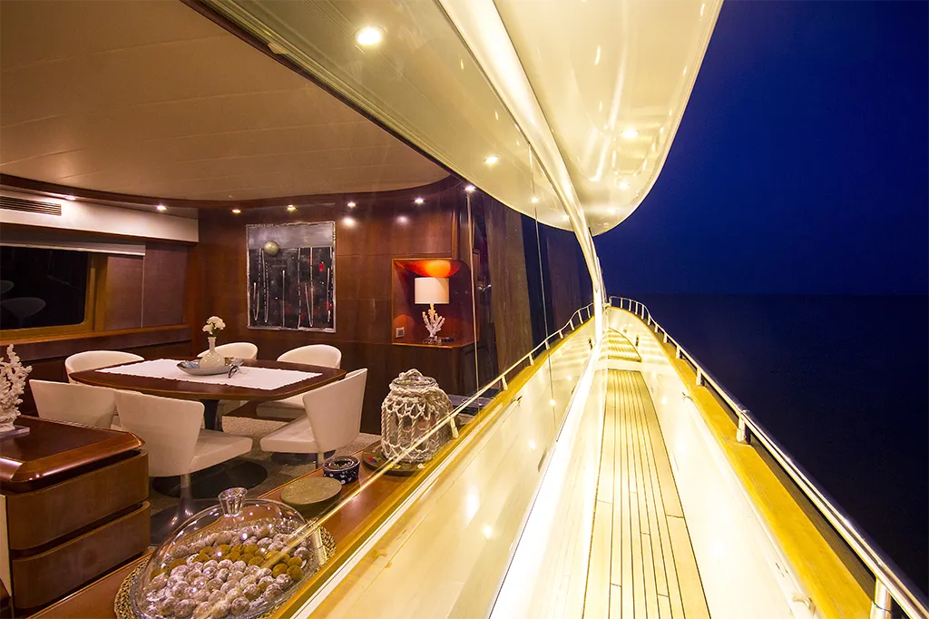 Deck of Maiora 24, a motor yacht at Bodrum, Turkey