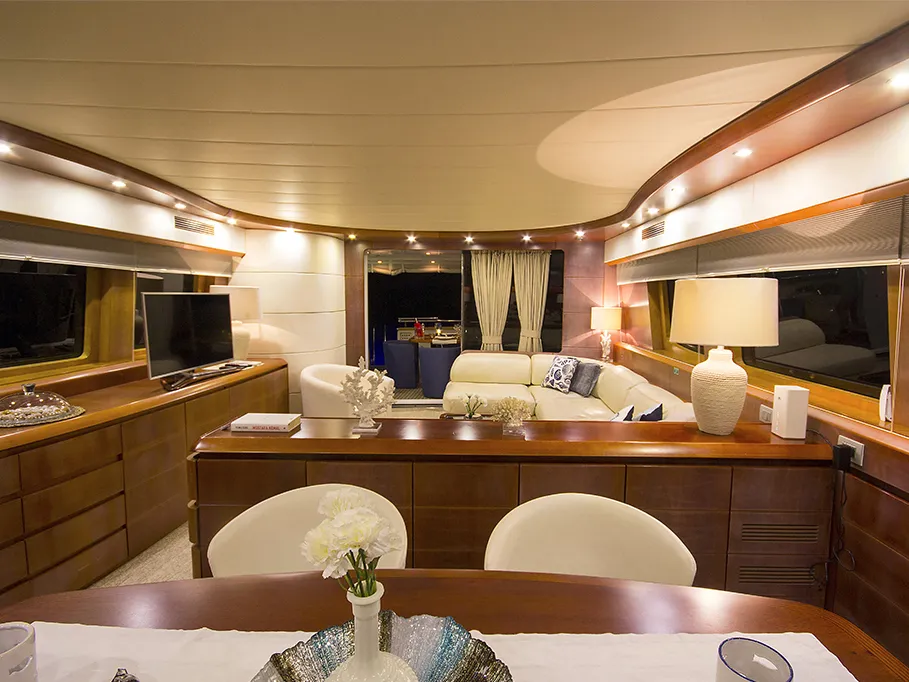 Salon of Maiora 24, a motor yacht at Bodrum, Turkey