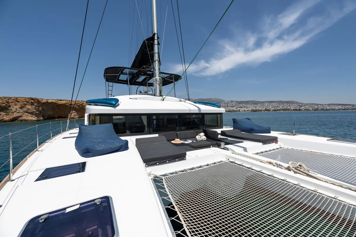 Deck of Royal Hearts, a Lagoon 52 catamaran at Athens, Greece