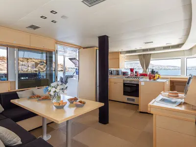 Galley of Royal Hearts, a Lagoon 52 catamaran at Athens, Greece
