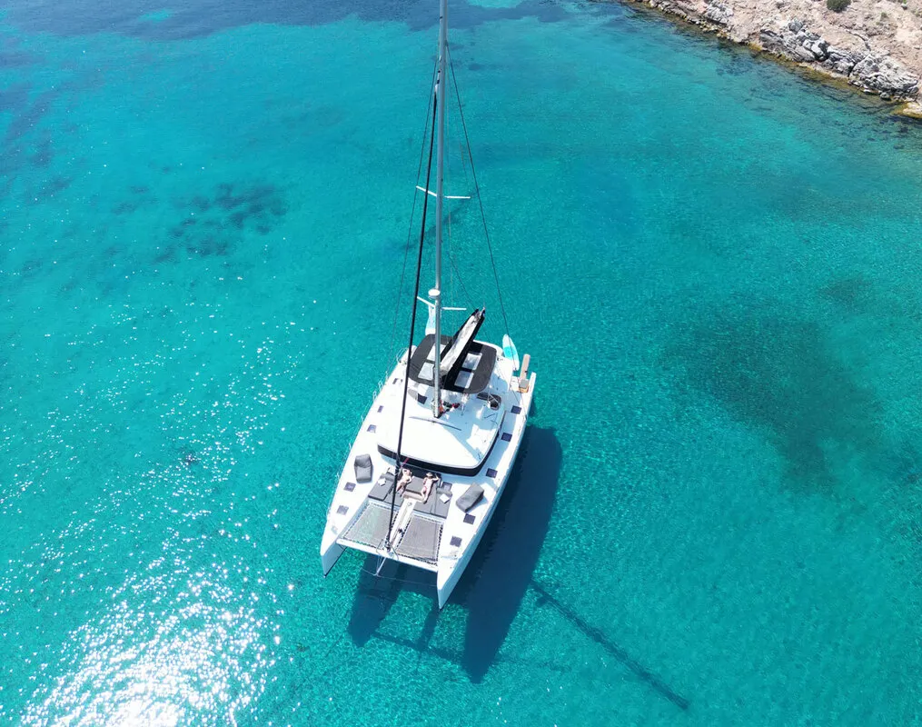 Exterior view of Royal Hearts, a Lagoon 52 catamaran at Athens, Greece