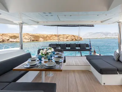 Deck of Royal Hearts, a Lagoon 52 catamaran at Athens, Greece