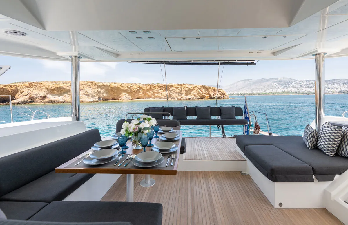 Deck of Royal Hearts, a Lagoon 52 catamaran at Athens, Greece