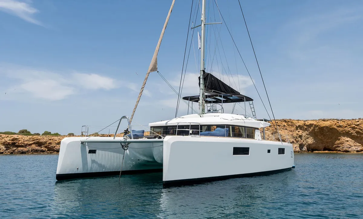 Exterior view of Royal Hearts, a Lagoon 52 catamaran at Athens, Greece