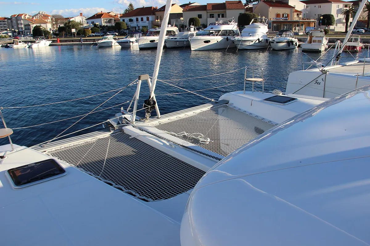 Exterior view of Smaragd, a Lagoon 42 catamaran at Murter, Croatia