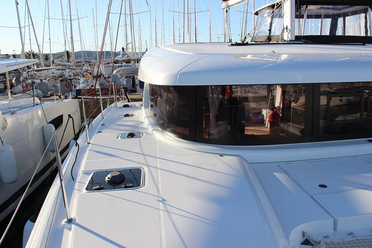 Exterior view of Smaragd, a Lagoon 42 catamaran at Murter, Croatia