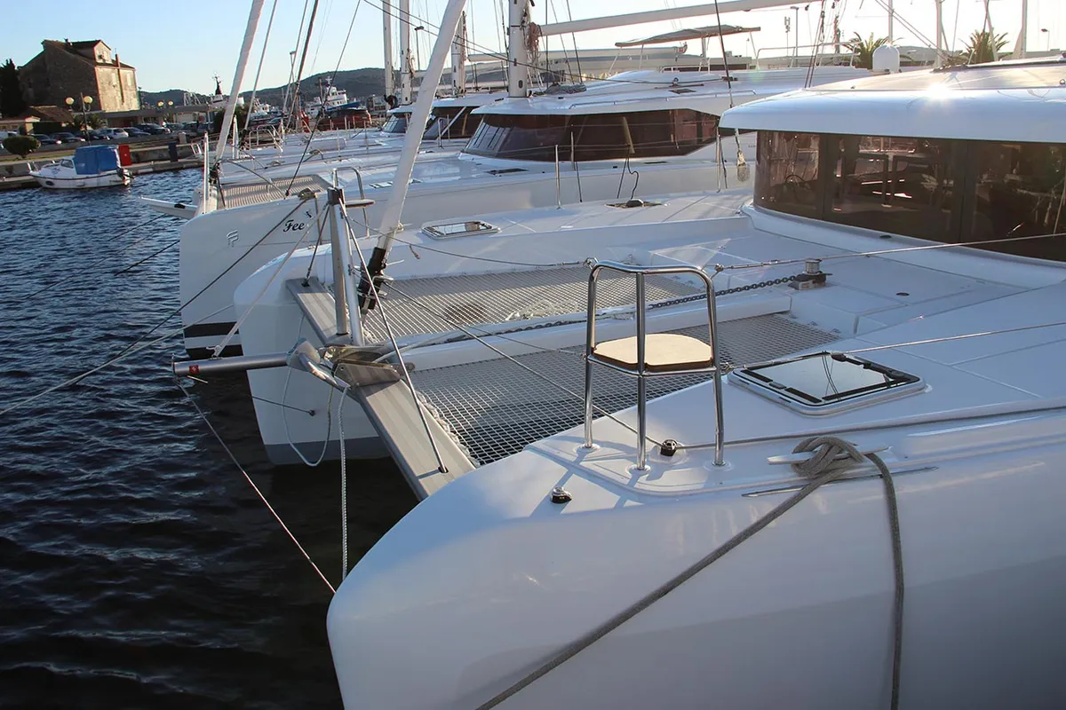 Exterior view of Smaragd, a Lagoon 42 catamaran at Murter, Croatia