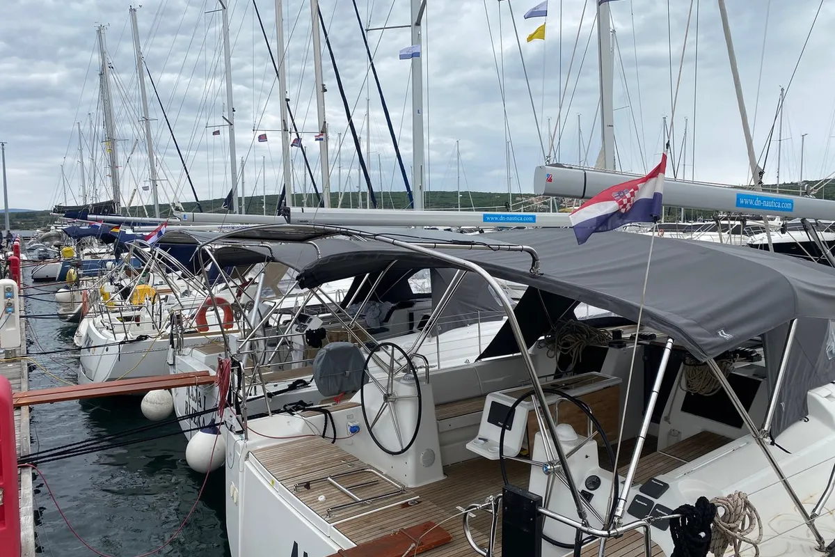 Deck of Ane, a Dufour 460 GL sailboat at Punat, Croatia