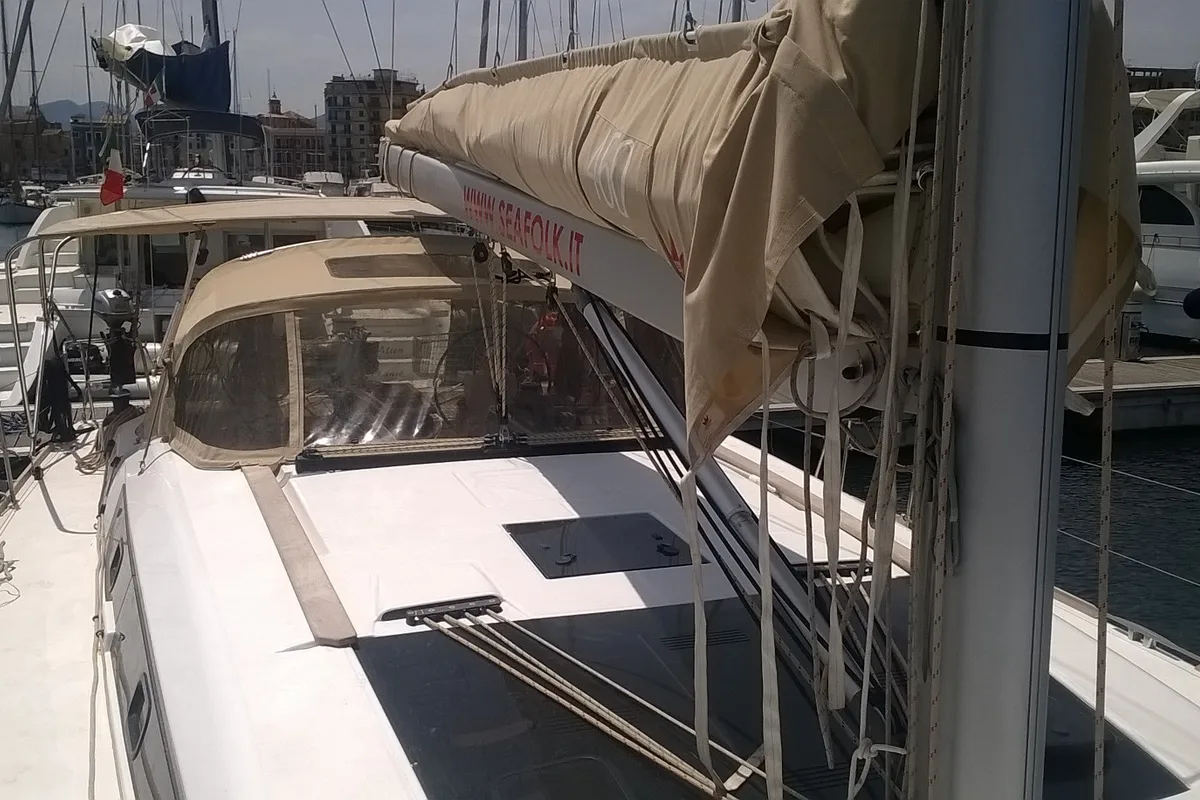 Exterior view of Neptune Planet, a Dufour 460 Grand Large sailboat at Marsala, Italy