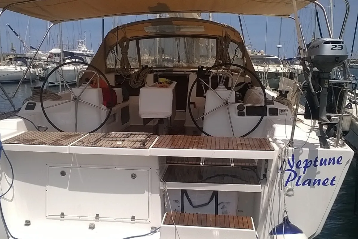 Exterior view of Neptune Planet, a Dufour 460 Grand Large sailboat at Marsala, Italy