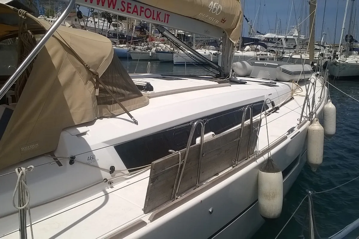 Exterior view of Neptune Planet, a Dufour 460 Grand Large sailboat at Marsala, Italy