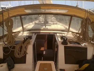 Cockpit of Neptune Planet, a Dufour 460 Grand Large sailboat at Marsala, Italy