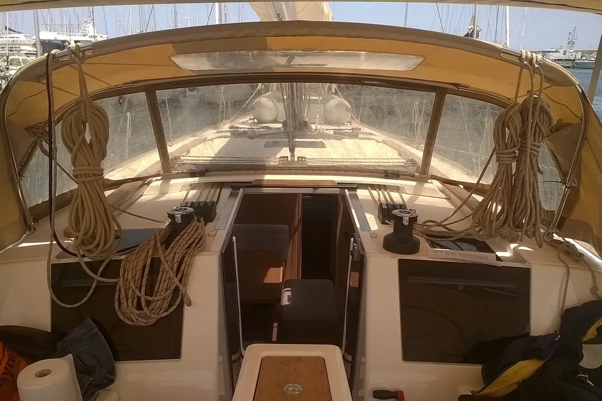 Cockpit of Neptune Planet, a Dufour 460 Grand Large sailboat at Marsala, Italy