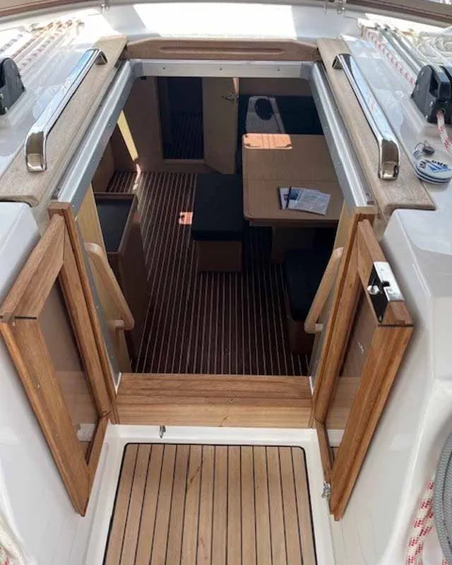 Deck of Amarone, a Bavaria Cruiser 46 sailboat at Portoferraio, Italy