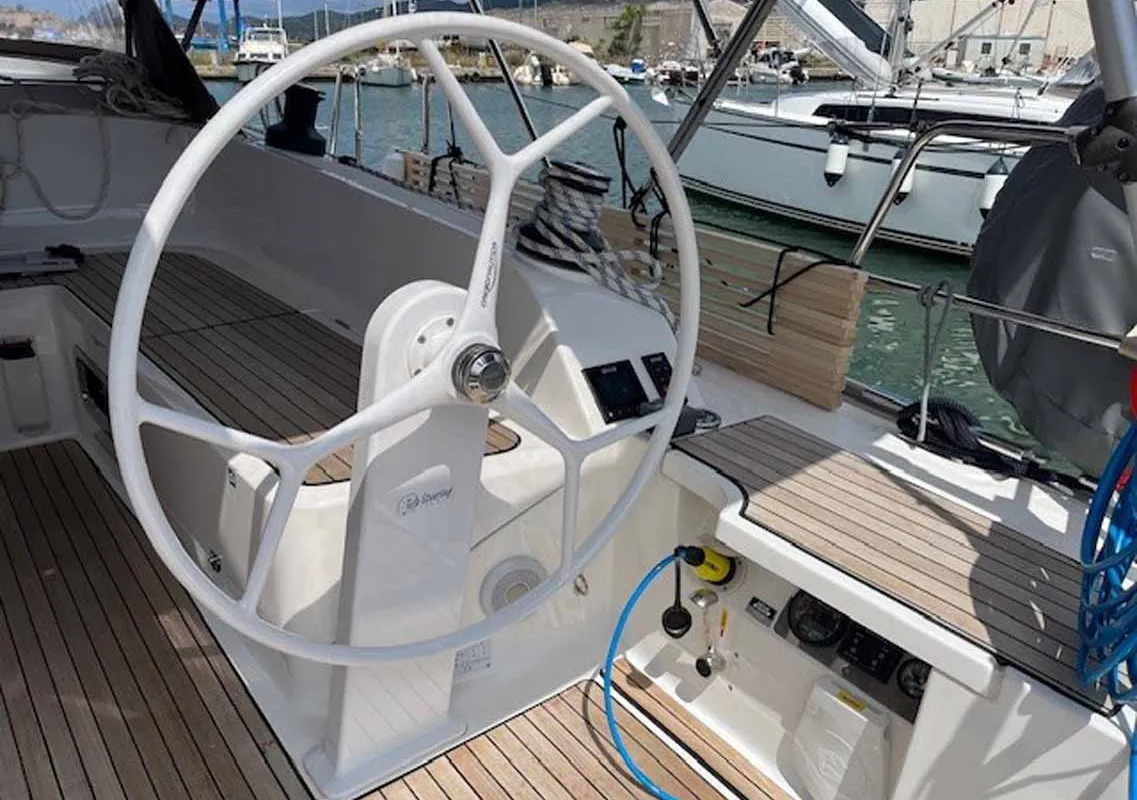 Cockpit of Amarone, a Bavaria Cruiser 46 sailboat at Portoferraio, Italy