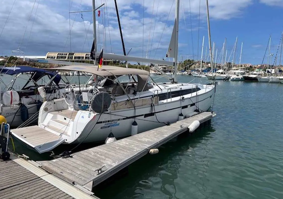 Exterior view of Amarone, a Bavaria Cruiser 46 sailboat at Portoferraio, Italy