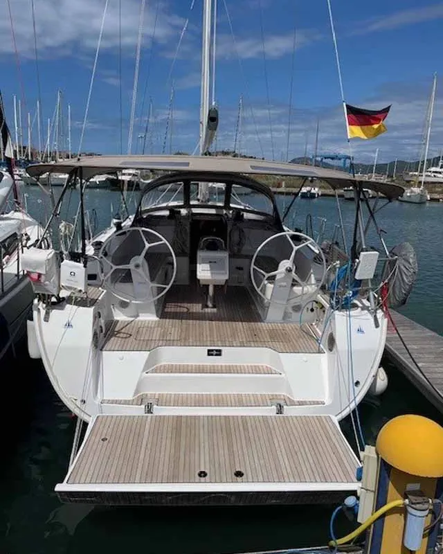 Cockpit of Amarone, a Bavaria Cruiser 46 sailboat at Portoferraio, Italy