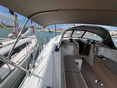 Deck of Amarone, a Bavaria Cruiser 46 sailboat at Portoferraio, Italy