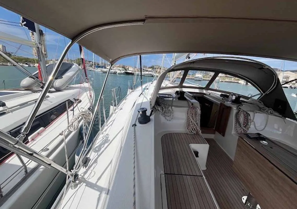Deck of Amarone, a Bavaria Cruiser 46 sailboat at Portoferraio, Italy