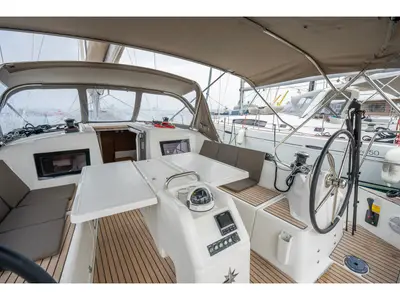 Cockpit of Kallisto, a Jeanneau Sun Odyssey 410 sailboat at Marpissa, Greece